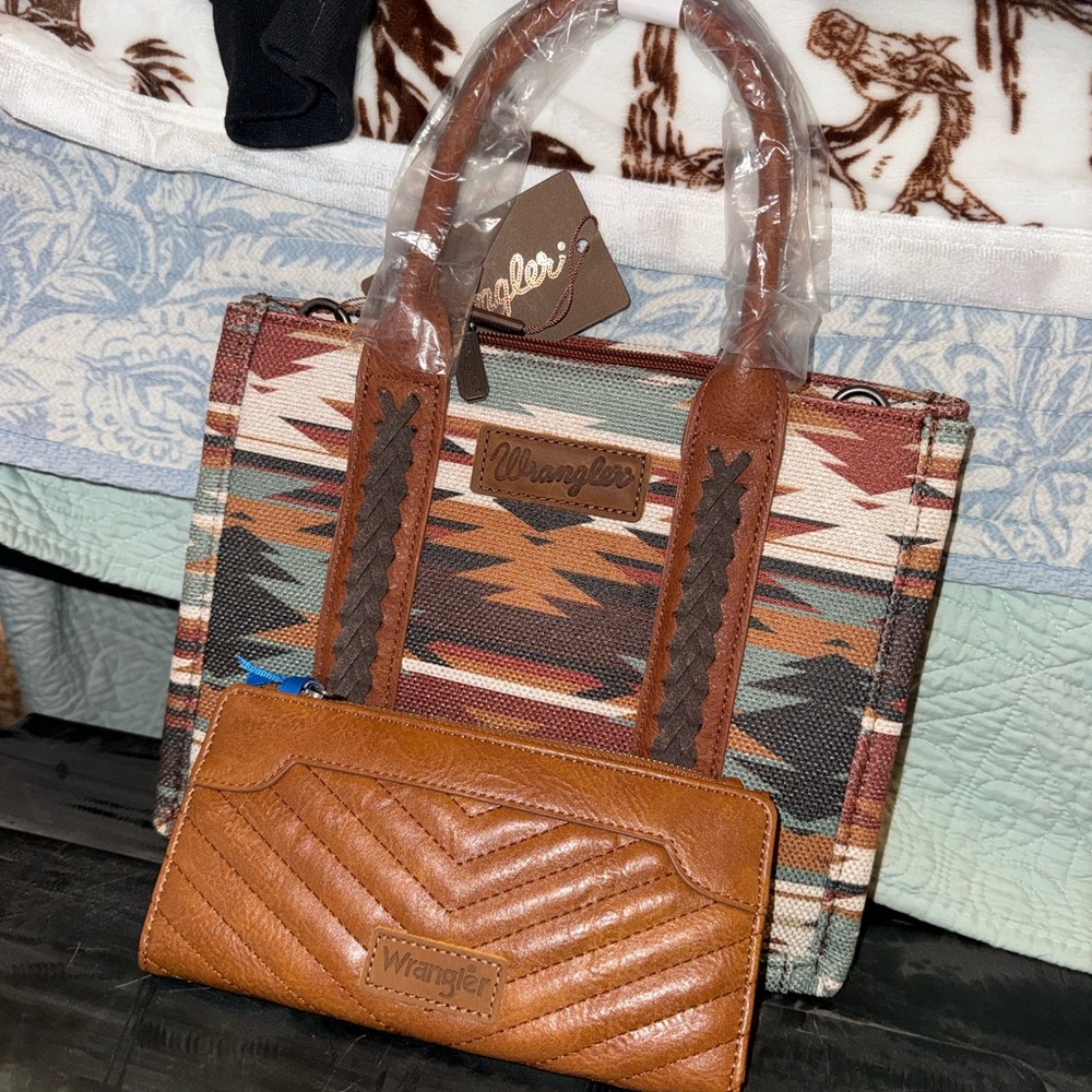Wrangler Tan and Brown Aztec Tote with Matching Tan Wallet